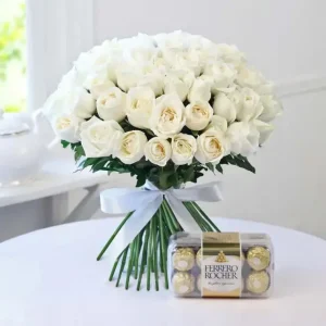 50 Fresh White Roses + 200g Ferrero Rocher Chocolate Box