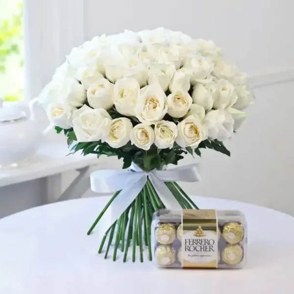 50 Fresh White Roses + 200g Ferrero Rocher Chocolate Box