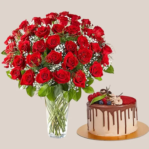 1 Kg Chocolate Red Velvet Cake with 50 Roses Arrangement In A Vase