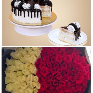 101 Red & White Premium Roses + 1 Kg Oreo Cake