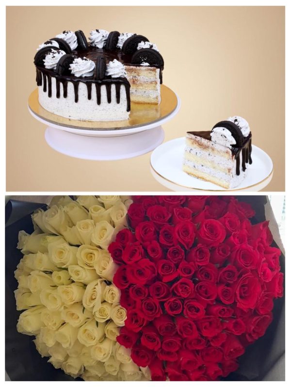 101 Red & White Premium Roses + 1 Kg Oreo Cake