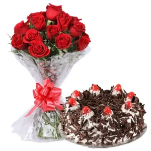 Dozen Premium Red Roses & Black Forest Cake (500g) Combo