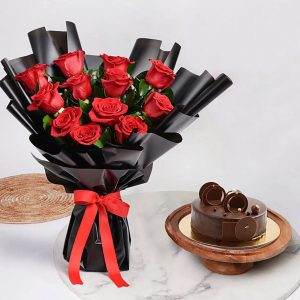 Dozen Red Roses + Chocolate Fudge Cake (500g) Combo